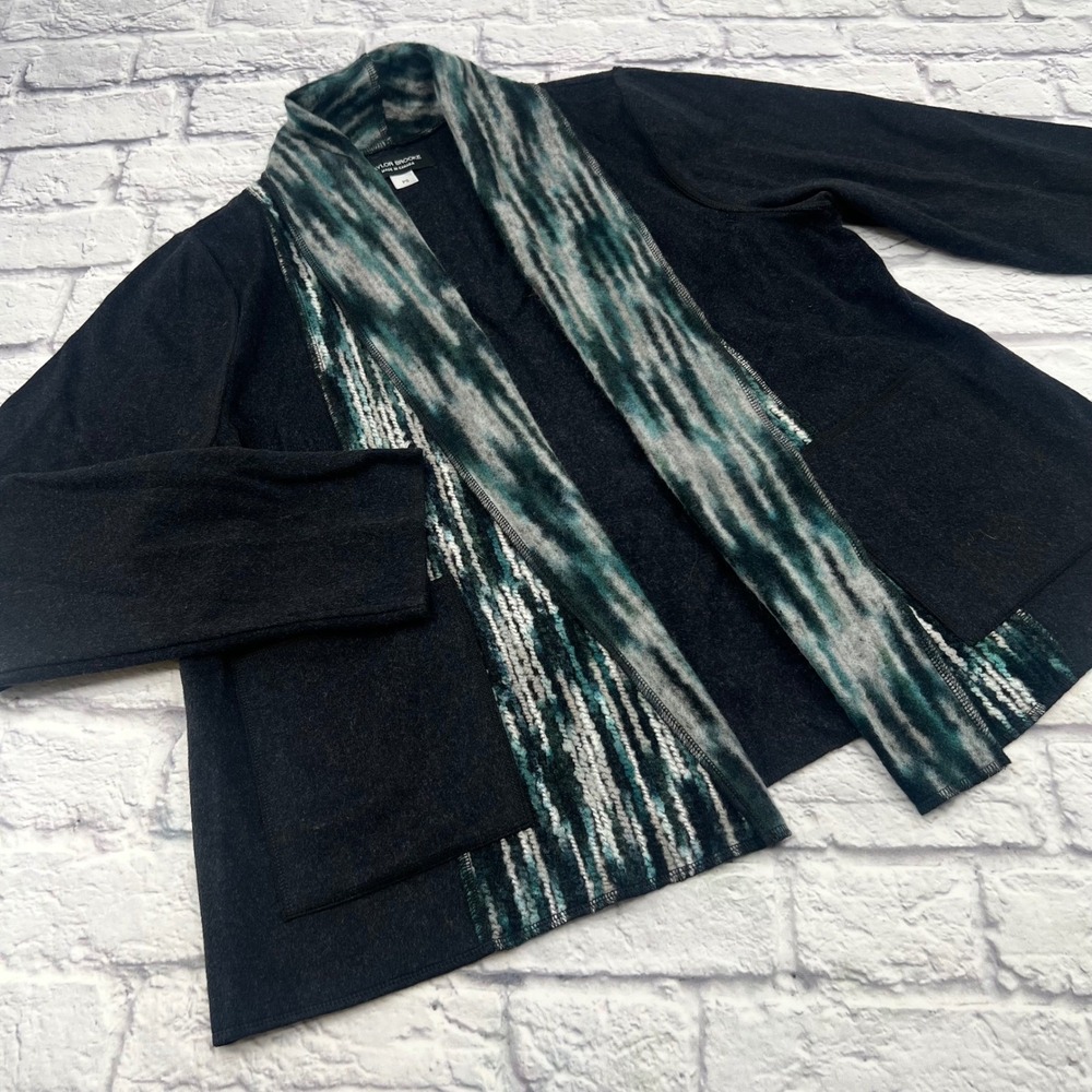 Taylor Brooke Womens Wool Blend Open Front Cardigan Teal Charcoal PS Canada